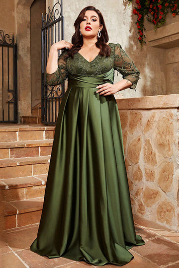 Satin d’olive Une ligne longue Mère de la mariée Robe avec appliques